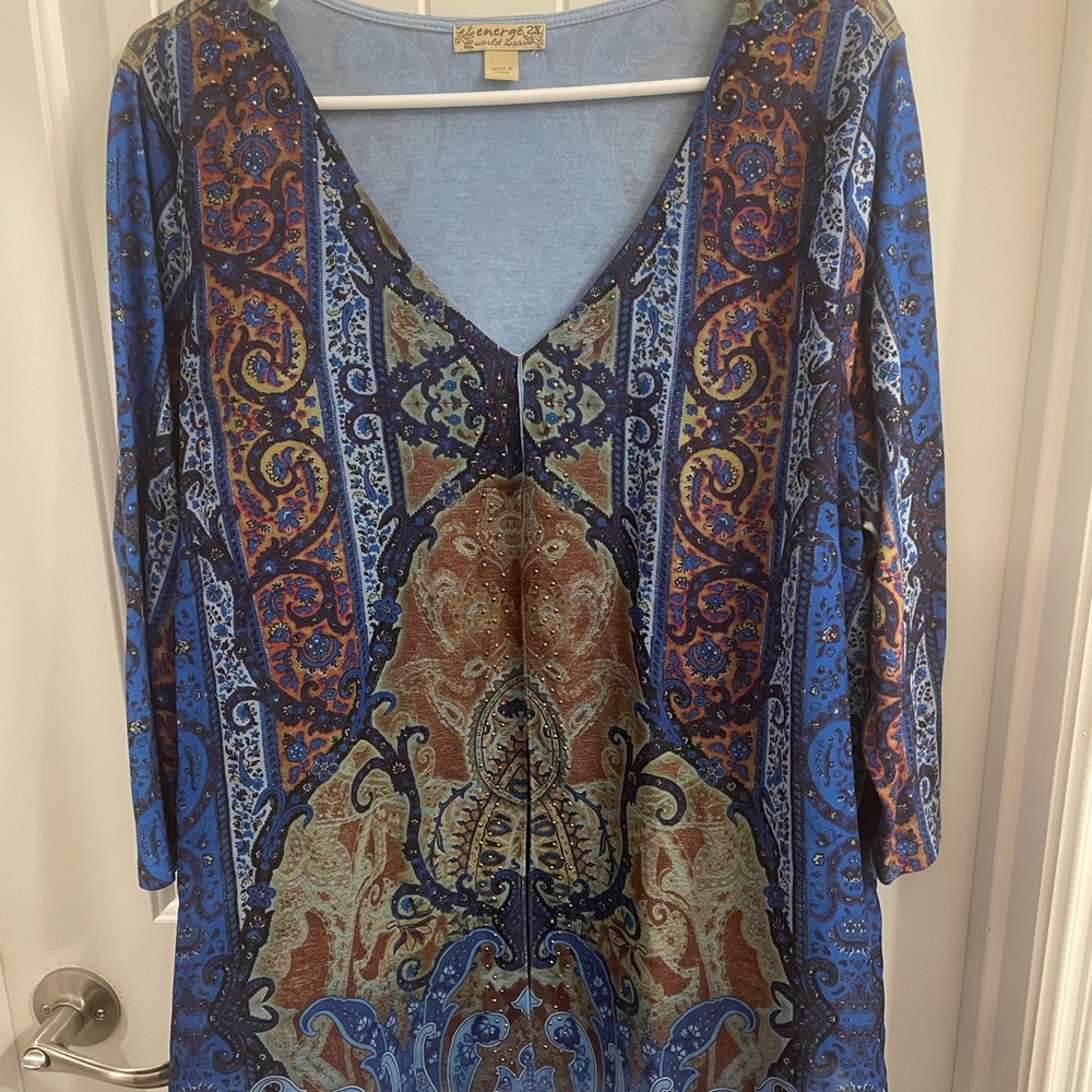 Energe Plus Size 2X Blue/Brown Bohemian Top